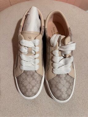 kate spade Beige and Cream Logo Canvas Lace-Up Sneakers